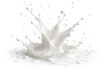 High speed photo of milk droplets splashing and forming abstract shapes on white