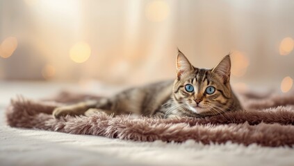 A curious tabby cat with striking blue eyes lounging on a cozy blanket, highlighting feline alertness and comfort