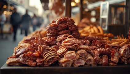 Selection of smoked meats displayed at a market stand including prosciutto, salami, and bacon, processed meat risk