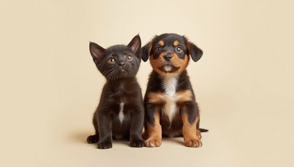 Black kitten and puppy gazing upward with eager expressions on a horizontal banner, suitable for pet adoption campaigns
