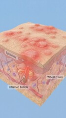 A 3D anatomical view of human skin showing widespread red, inflamed spots and hive-like rashes on a solid light blue background.