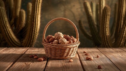 Obraz premium Wicker basket filled with nuts on a table against a cactus backdrop, rustic storage solutions