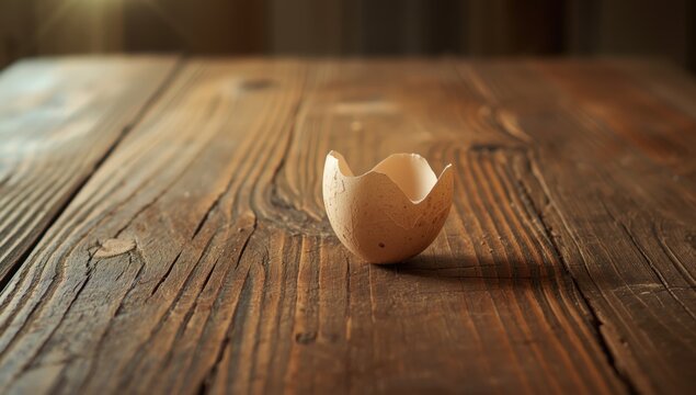 Old wooden surface with eggshell fragment, ideal for text overlay backgrounds in culinary presentations, World Food Day