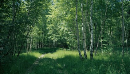 Obraz premium Birch trees in summer with vibrant foliage and dappled light, ideal for editorial header backgrounds