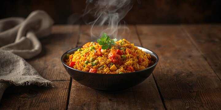 Bowl of vegetable biryani with rice and colorful vegetables, healthy plant-based ingredients, World Vegetarian Day