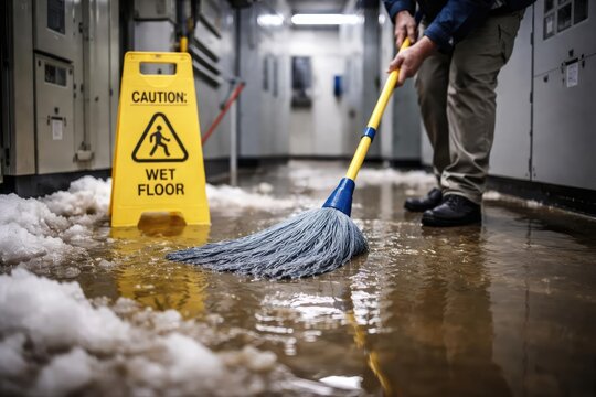 Mopping up melted snow water flooding electric room with selective focus