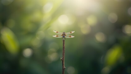 Close-up of a dragonfly on a stick, illustrating insect resting postures, Nature preservation