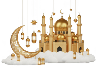 Golden mosque with crescent moon and lanterns isolated on transparent background