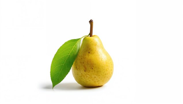 Single Asian pear with leaf on white background, highlighting fresh produce for culinary or nutritional use