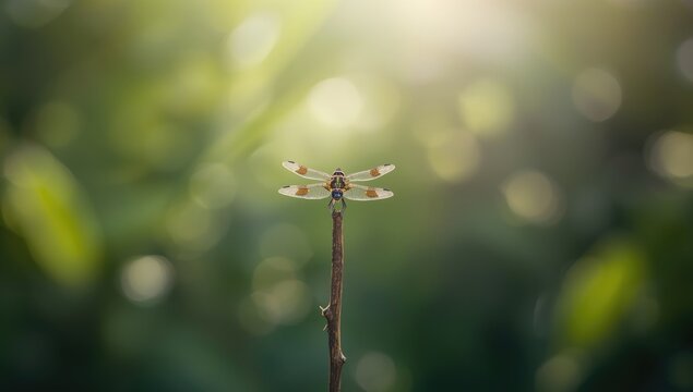 Close-up of a dragonfly on a stick, illustrating insect resting postures, Nature preservation - Powered by Adobe