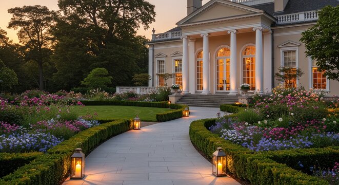 Elegant estate at twilight with manicured gardens and pathway