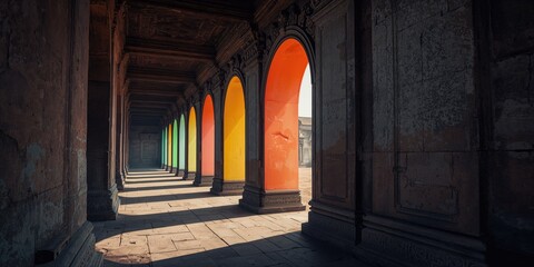 A series of multicolored archways receding into the background, highlighting structural design and color contrast