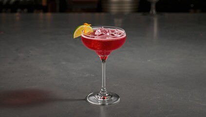 Traditional cosmopolitan drink featuring vodka, liqueur, cranberry juice, lime, and orange zest, on a bar surface with bartender tools, emphasizing mixology skills