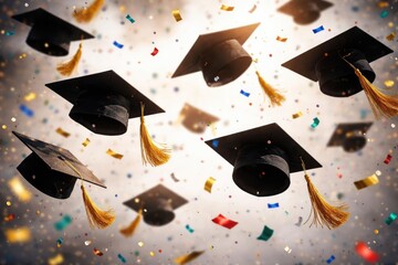 Flying mortarboards and confetti pieces capturing a festive moment on white surface