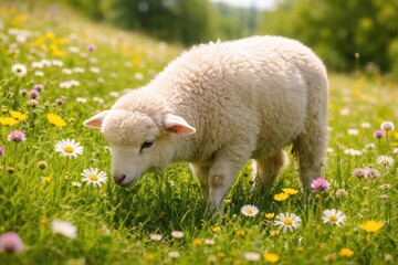 Obraz premium Cheerful sheep feeding amidst lush green grass and blooming spring meadow flowers