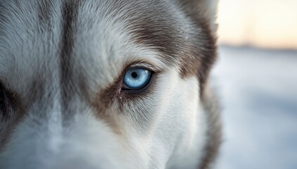 Macro shot of a Husky with striking blue eyes highlighting genetic traits