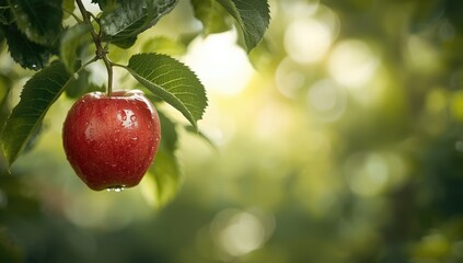 Red apples on a tree in a garden scene emphasizing organic growth, World Fruit Day