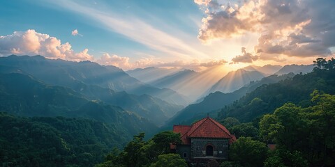 Wide view of mountain terrain bathed in sunlight at Jioufen, Taiwan, highlighting scenic outdoor environment