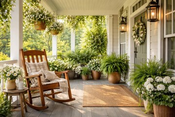 Fototapeta premium Inviting porch scene with a left side wooden rocking chair crafted from stained wood for rest