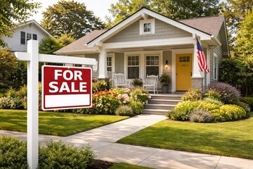 Residential area featuring a sale sign placed before a standalone house