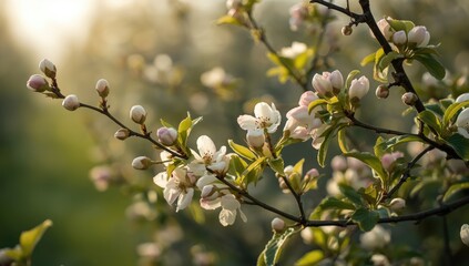 Detailed view of apple tree buds and blossoms with pink and white petals, emphasizing seasonal spring flowering