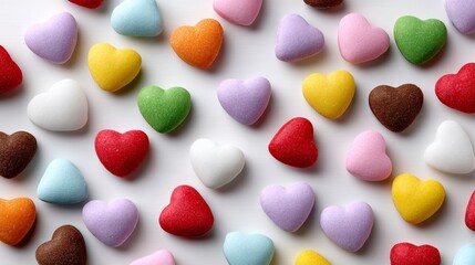 A colorful assortment of candy hearts are arranged in a pattern on a white background. The candy hearts come in a variety of colors, including red, green, yellow, and purple