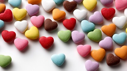 A bunch of colorful hearts are scattered across a white background. The hearts come in a variety of colors, including red, pink, yellow, green, and blue. Concept of joy and celebration