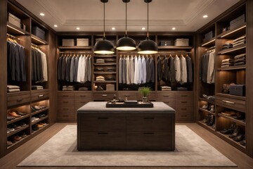 Functional mens walk in closet arranged with multiple compartments and pendant lights