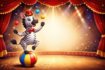 Cheerful zebra showing skills in dynamic circus stage with empty space for text use