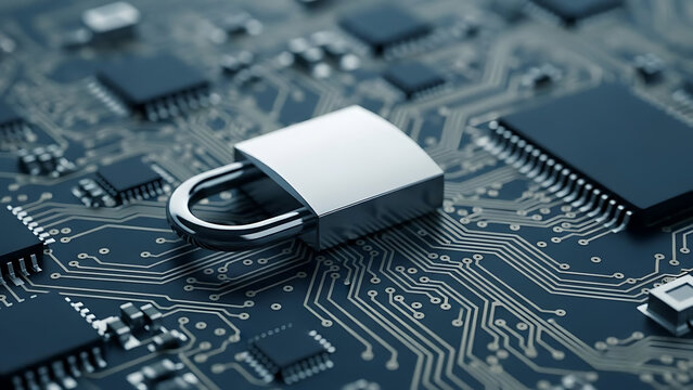 Digital security padlock on a complex circuit board, symbolizing robust data protection and privacy in the interconnected world of modern technology and online systems - Powered by Adobe