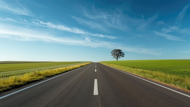 Country road with paved surface and greenery, featuring a solitary tree under a bright sky, suitable for landscape backgrounds - Powered by Adobe