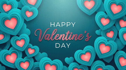 Modern greeting card for Happy Valentine's Day with teal paper cut hearts and pink layers