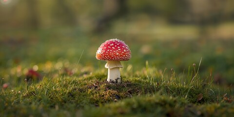 Red amanita muscaria mushroom in grass, natural seasonal growth, summer, and autumn patterns