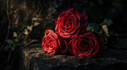 Moody close-up of three dark red roses with dew drops on a dark stone surface