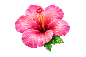 Pink hibiscus tropical flower illustration with water droplets, vibrant petals, and green leaves on a transparent background