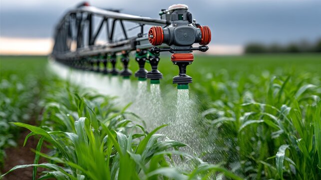 A large sprayer is watering a field of corn with a mixture of water and fertilizer. The sprayer is positioned in the middle of the field. The corn plants are tall and green