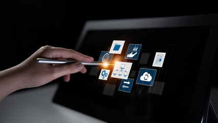 Digital business infrastructure with data system, analytics, sync. System management improves access, system management ensures performance, and system management supports digital operations. Latch