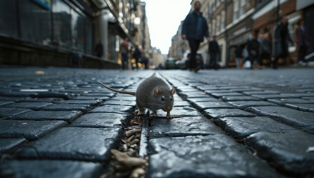 Urban street with a rat visible in daylight, illustrating city ecosystem interactions