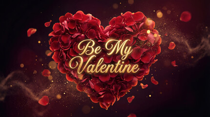 Luxury golden Be My Valentine calligraphy on a large heart made of red rose petals