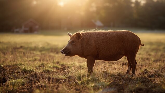 Red hogs Duroc feeding in a farm field, highlighting sustainable livestock management