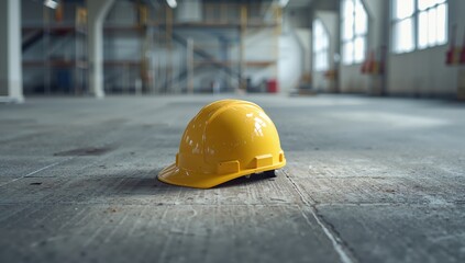 Workers safety helmet in white and yellow colors placed on concrete surface, highlighting safety gear