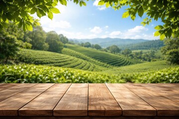 Fototapeta premium Natural wooden surface with green leafy frame and blurred tea plantation scenery under blue sky for displaying products
