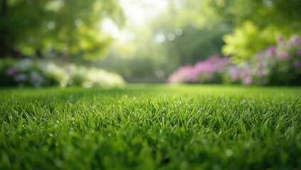 Naklejka premium Detailed view of well-maintained green grass in a park setting, suitable for background or layout use, highlighting natural greenery