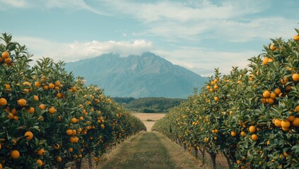 Sunlit orange orchard with mountain range in the distance, ideal for editorial header background, Earth Day