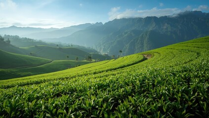 Fototapeta premium Tea plantation set against rugged mountain terrain highlighting eco-friendly farming, World Environment Day