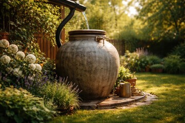 Fototapeta premium Cement rainwater jug positioned in backyard on a sunny and bright day
