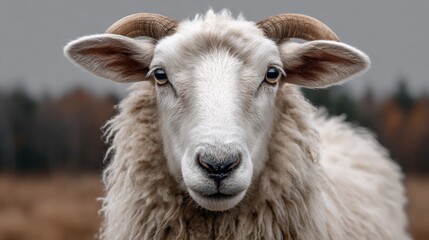 A white sheep with horns is staring at the camera. The sheep is in a field with trees in the background