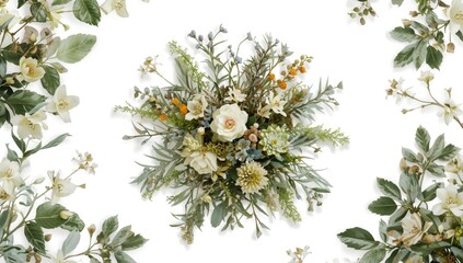 Decorative old-fashioned flowers with foliage, branches, and palms, serving as a textured backdrop for visual layouts