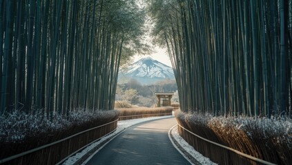 Bamboo grove blanketed in snow along a mountain street in Arashiyama, highlighting winter climate effects on natural environments
