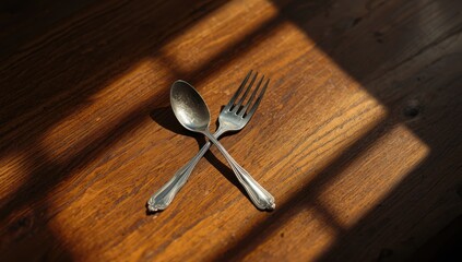 Pair of antique cutlery placed on a weathered wood table, highlighting utensil preservation practices